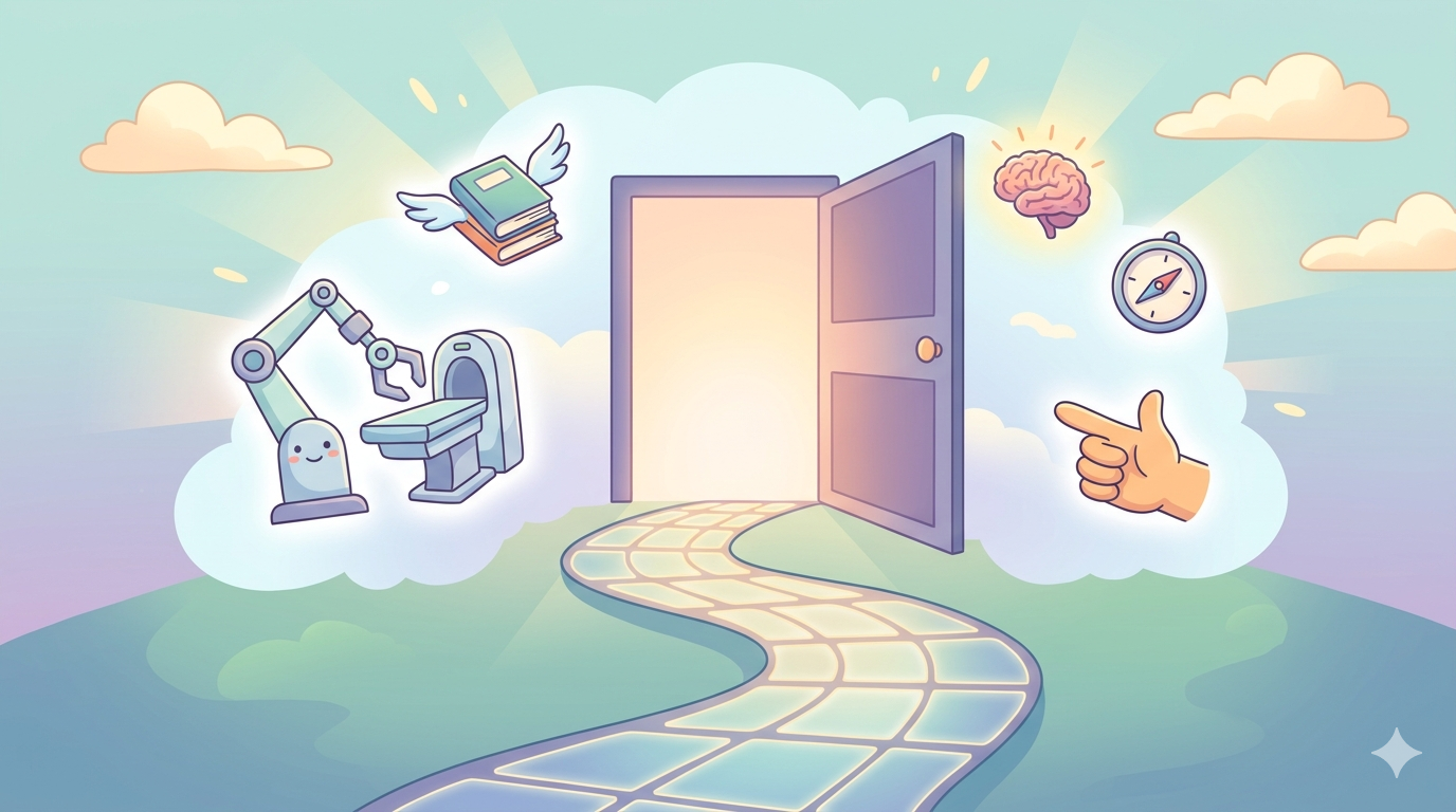 Friendly pastel illustration of an ultrasound scanning bay with a small mascot character at the open door — entry-point scene for prospective sonography students.