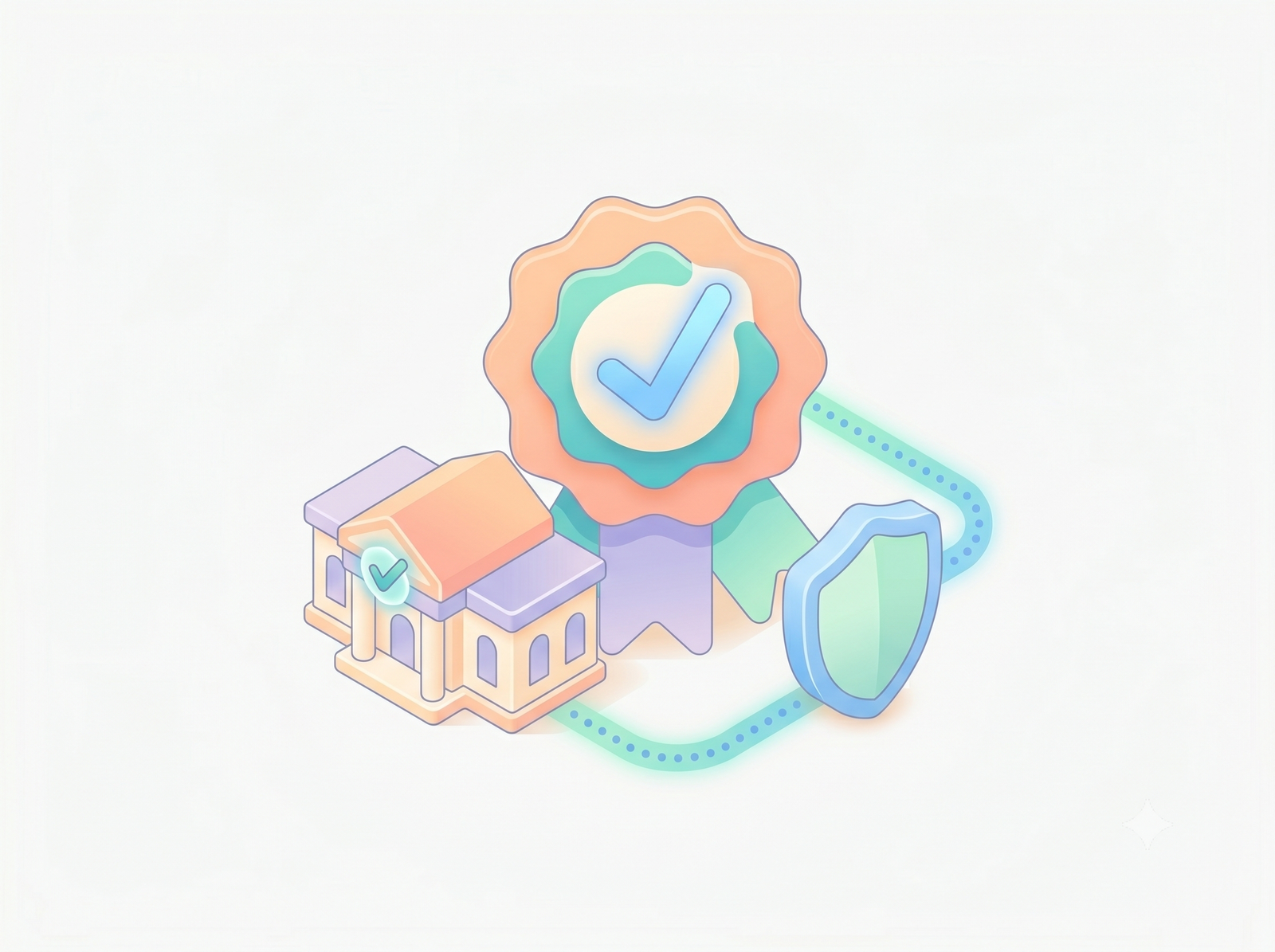 Isometric pastel illustration of sonography program accreditation: approval seal, shield, and accredited institution
