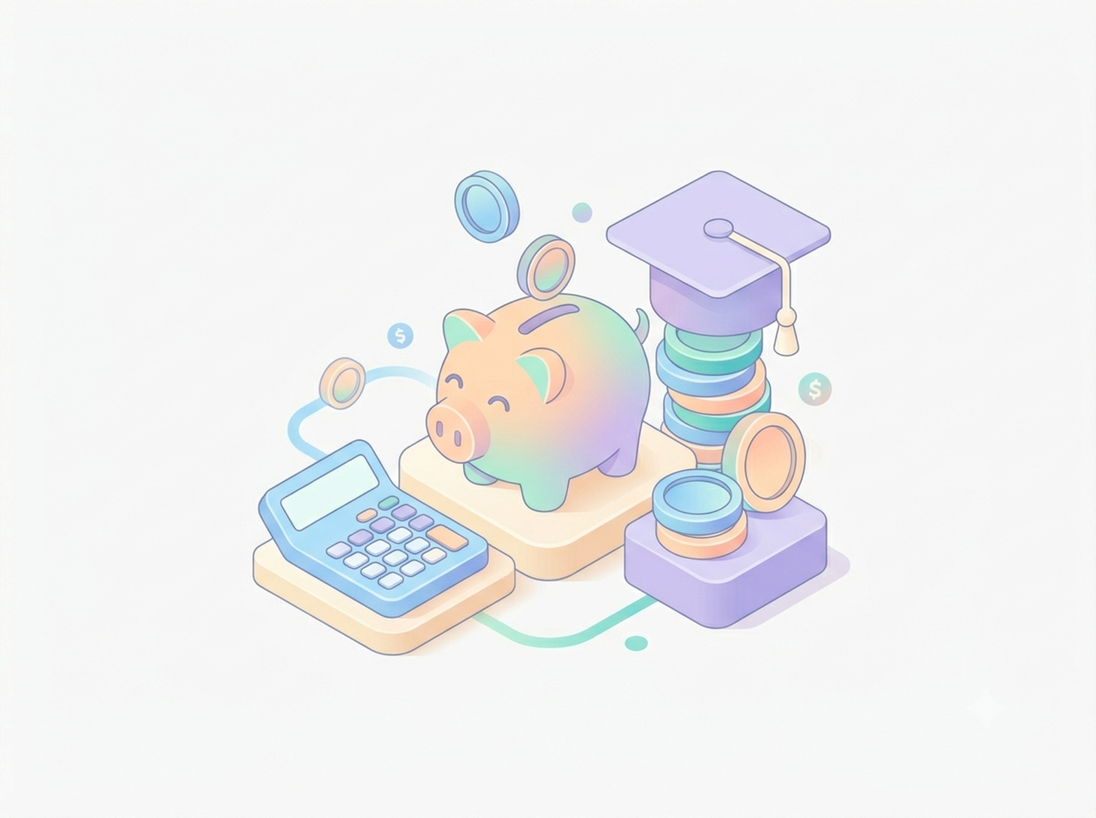 Isometric pastel illustration of sonography school cost and financial aid: piggy bank, coins, graduation cap, and calculator