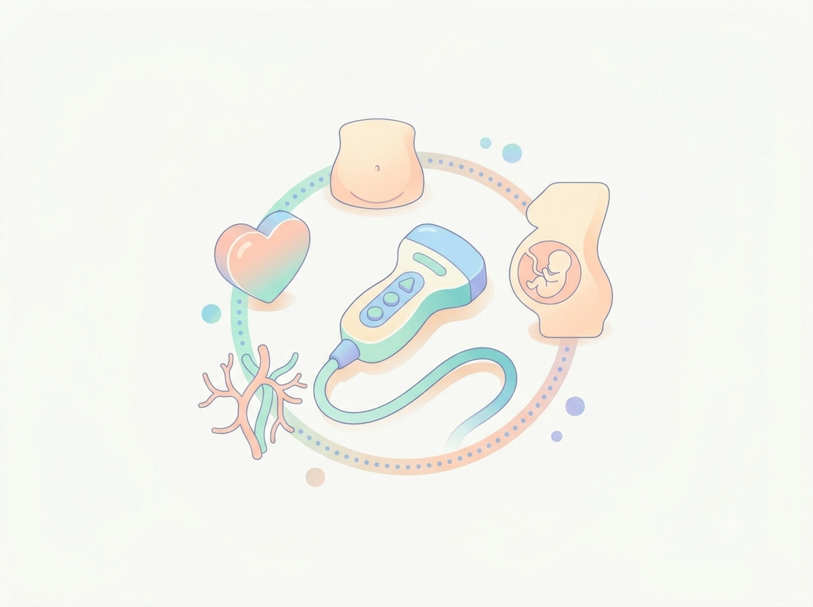 Isometric pastel illustration of sonography specialties: heart, vessels, abdomen, and obstetric imaging around an ultrasound probe